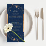 Mystical Blue Gold Sun Moon Stars Space Wedding Menükarte<br><div class="desc">Mystical Blue Gold Sun Moon Stars Space Wedding Menu Cards mit goldener Sonne,  Mond und Sternen auf blauem Hintergrund mit Ihren Menüdetails in der Mitte der modernen Goldkalligraphie-Skript. Personalisieren Sie den Text durch Bearbeiten in den bereitgestellten Textfeldern. Entworfen für Sie von Evco Studio © unter www.zazzle.com/store/evcostudio</div>