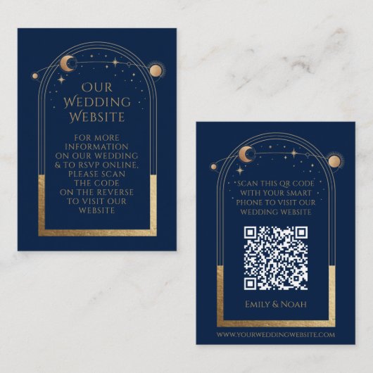 Mystical Blue Gold Wedding Website UAWG QR Code Begleitkarte (Vorne/Hinten)
