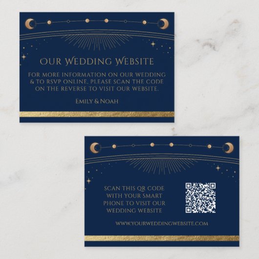 Mystical Blue Gold Wedding Website UAWG QR Code Begleitkarte (Vorne/Hinten)