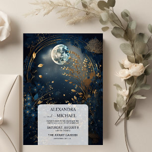 Mystical Blue Midnight Gold Celestial Wedding Einladung