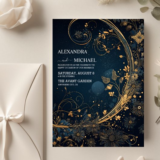 Mystical Blue Midnight Gold Celestial Wedding Einladung