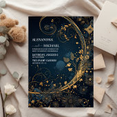 Mystical Blue Midnight Gold Celestial Wedding Einladung