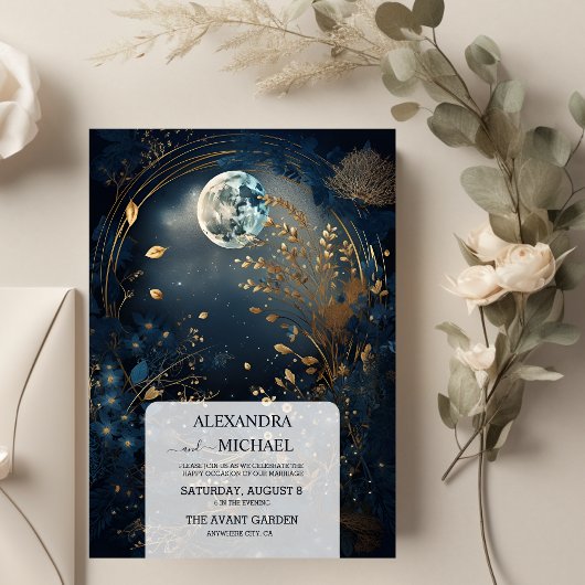 Mystical Blue Midnight Gold Celestial Wedding Einladung