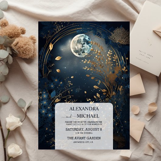 Mystical Blue Midnight Gold Celestial Wedding Einladung