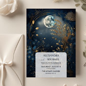 Mystical Blue Midnight Gold Celestial Wedding Einladung