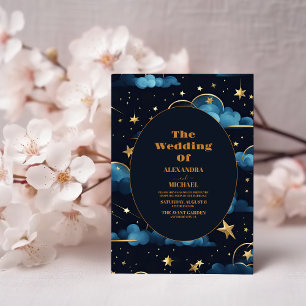 Mystical Blue Midnight Gold Celestial Wedding Einladung