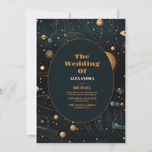 Mystical Blue Midnight Gold Celestial Wedding Einladung (Vorderseite)