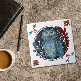 Mystical Blue Owl Red Leaves Folk Art Fliese