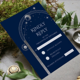 Mystical Blue Silver Star Moon Astronomie Hochzeit RSVP Karte