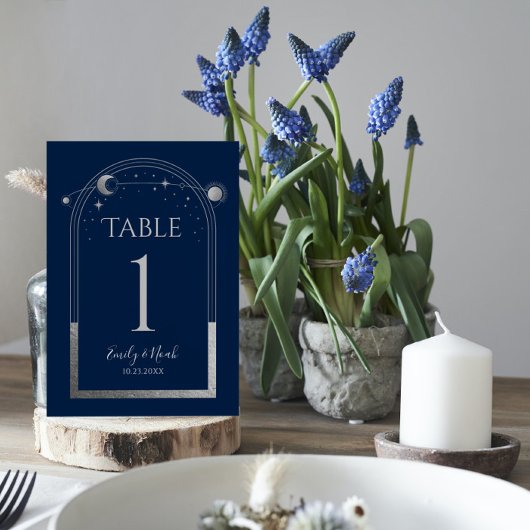 Mystical Blue Silver Sun Moon Astronomie Hochzeit Tischnummer