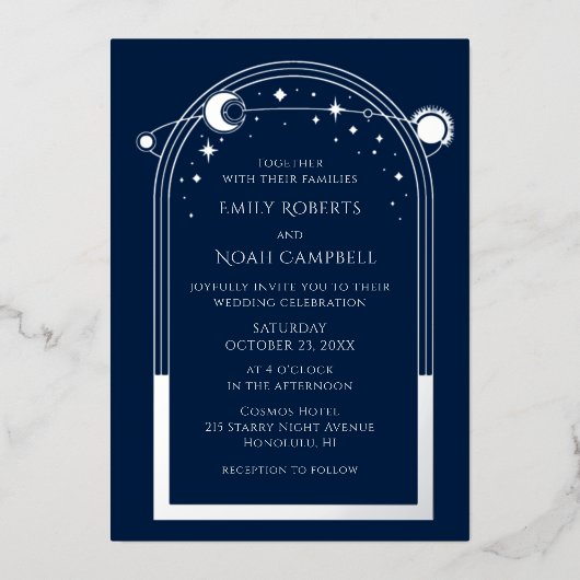 Mystical Blue Silver Sun Moon Stars Foto Hochzeit Folieneinladung (Vorderseite)