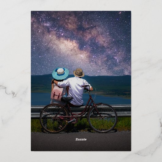 Mystical Blue Silver Sun Moon Stars Foto Hochzeit Folieneinladung (Rückseite)