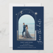 Mystical Blue Silver Sun Moon Stars Hochzeit Save The Date (Vorderseite)