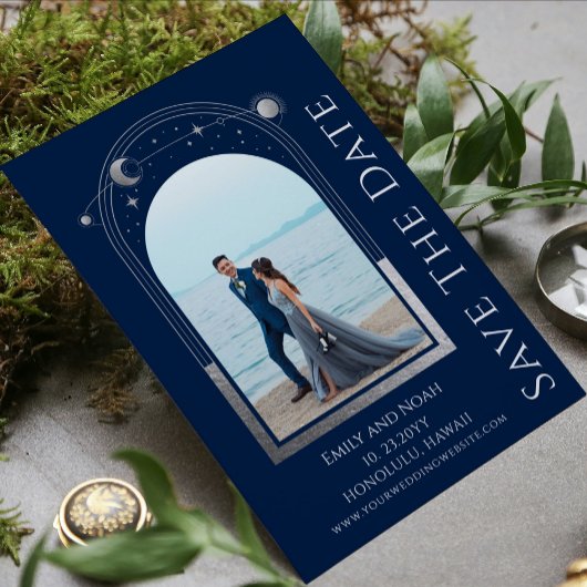 Mystical Blue Silver Sun Moon Stars Hochzeit Save The Date