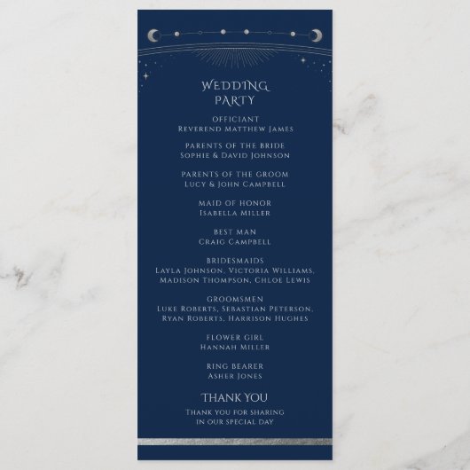 Mystical Blue Silver Sun Star Moon Space Wedding Programm (Rückseite)