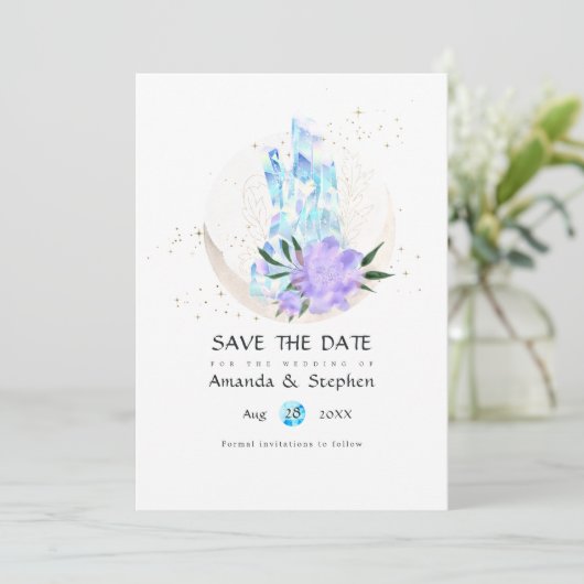 Mystical Boho Crystal Moon Wedding rettet das Datu Save The Date (Stehend Vorderseite)