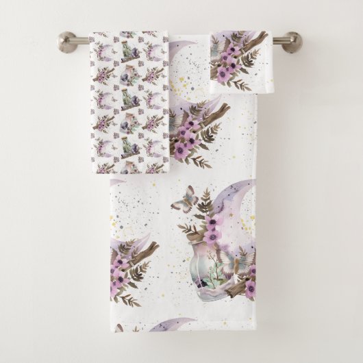 Mystical Boho Lavender Anemone Moon & Posts Badhandtuch Set (Insitu)