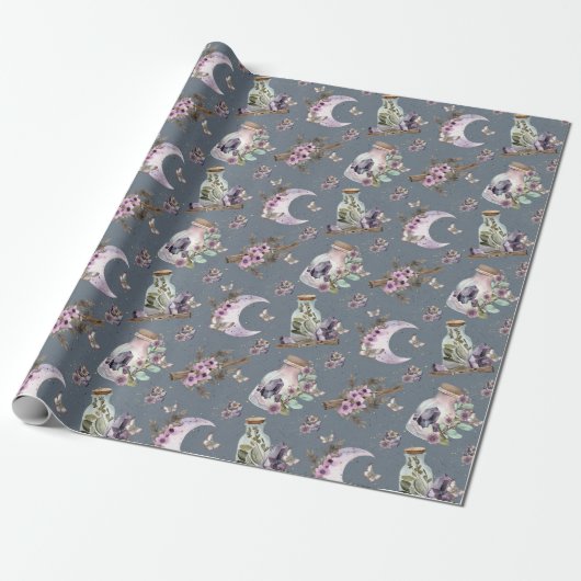 Mystical Boho Lavender Anemone Moon und Flaschen Geschenkpapier (Ungerollt)