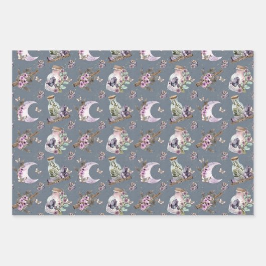 Mystical Boho Lavender Anemone Moon und Flaschen Geschenkpapier Set (Vorderseite)