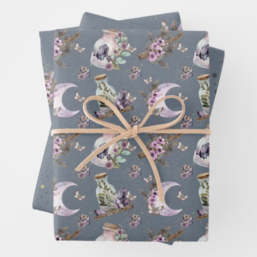 Mystical Boho Lavender Anemone Moon und Flaschen Geschenkpapier Set (Beispiel)