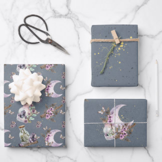 Mystical Boho Lavender Anemone Moon und Flaschen Geschenkpapier Set