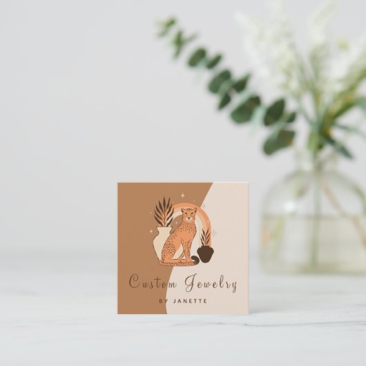 Mystical Boho Leopard Cheetah Handmade Juwelen Quadratische Visitenkarte (Stehend Vorderseite)