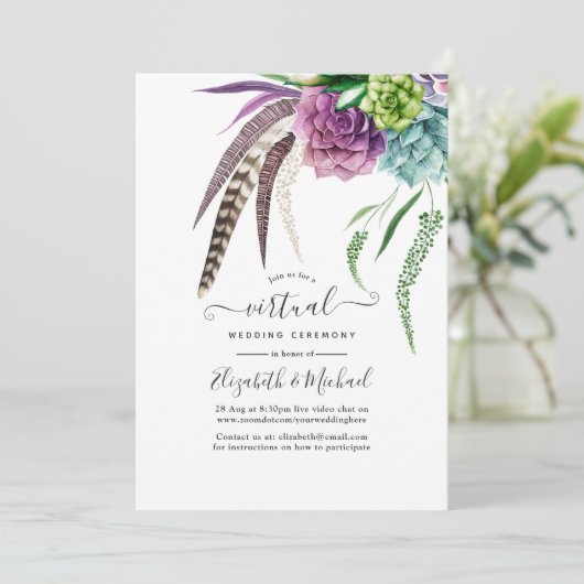 Mystical Boho Succulent Online Virtual Wedding Einladung (Stehend Vorderseite)