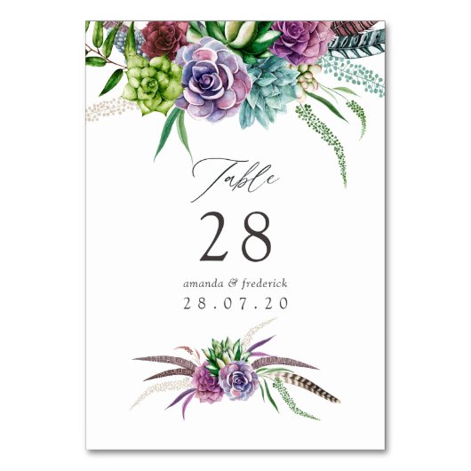 Mystical Boho Watercolor Sukkulente Hochzeit Tischnummer (Rückseite)