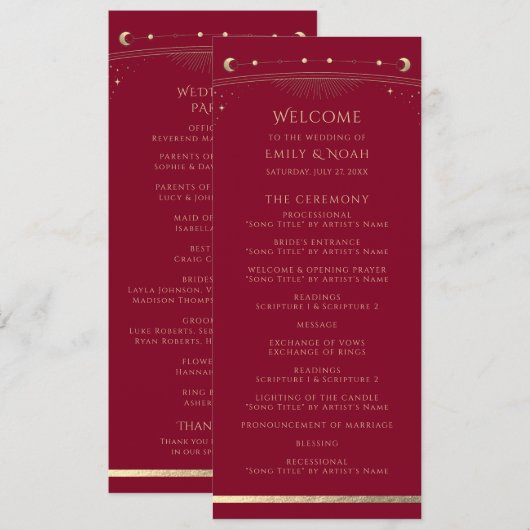 Mystical Burgundy Gold Sun Star Moon Space Hochzei Programm (Vorne/Hinten)