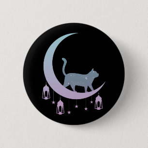 Mystical Cat Crescent Moon Horoscope Pastel Goth Button