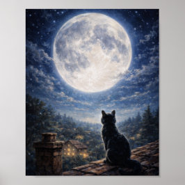 Mystical Cat Under Full Moon Night Sky Poster