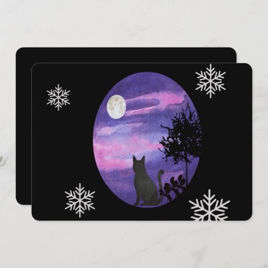 Mystical Cat Under Moon – Dreamy Purple Night Wate Einladung (Vorne/Hinten)