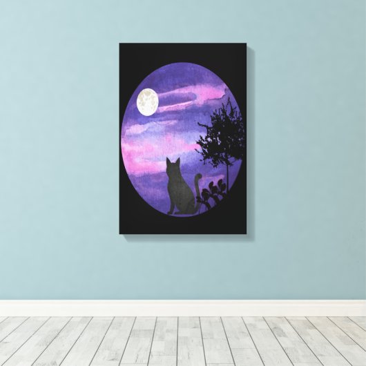Mystical Cat Under Moon – Dreamy Purple Night Wate Leinwanddruck (Insitu (Holzboden))