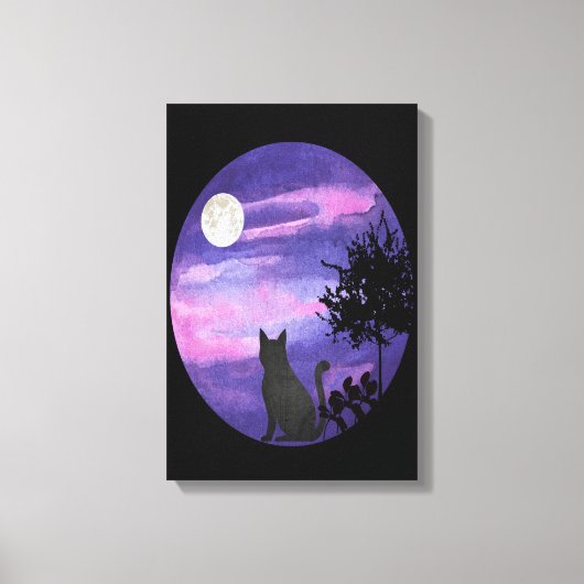 Mystical Cat Under Moon – Dreamy Purple Night Wate Leinwanddruck (Vorderseite)