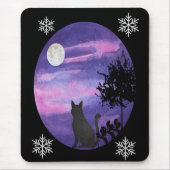 Mystical Cat Under Moon – Dreamy Purple Night Wate Mousepad (Vorne)
