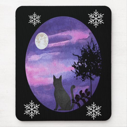 Mystical Cat Under Moon – Dreamy Purple Night Wate Mousepad (Vorne)