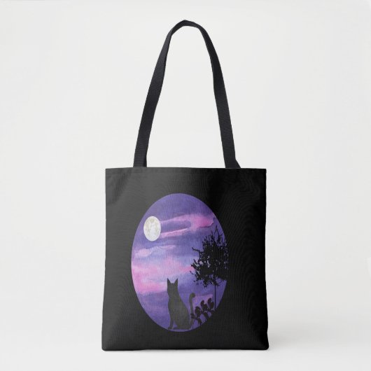 Mystical Cat Under Moon – Dreamy Purple Night Wate Tasche (Vorderseite)