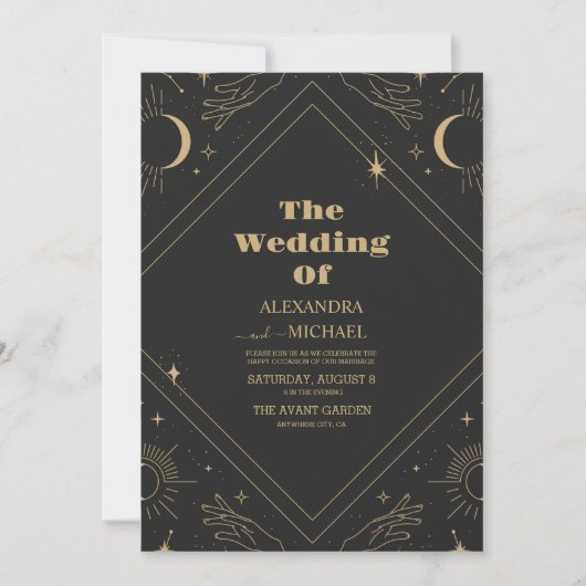 Mystical Celestial Black and Gold Wedding Einladung (Vorderseite)