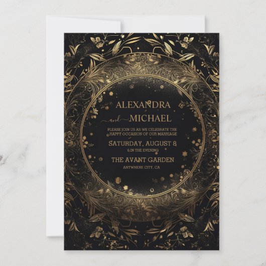 Mystical Celestial Black and Gold Wedding Einladung (Vorderseite)