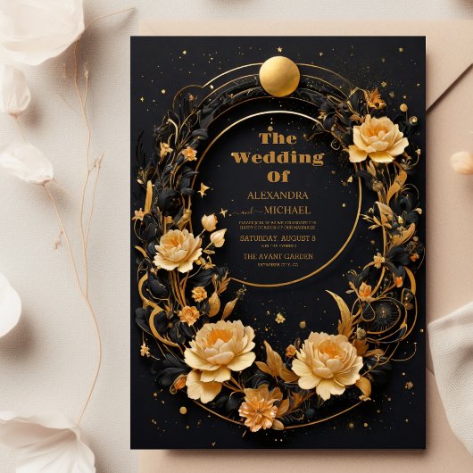 Mystical Celestial Black and Gold Wedding Einladung