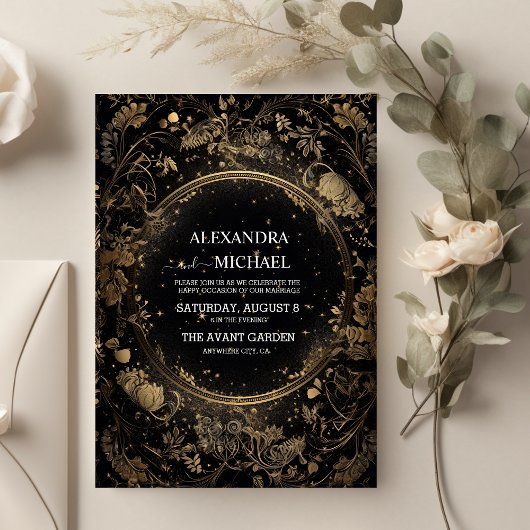 Mystical Celestial Black and Gold Wedding Einladung
