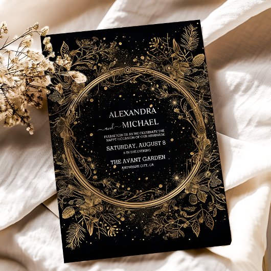 Mystical Celestial Black and Gold Wedding Einladung