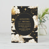 Mystical Celestial Black and Gold Wedding Einladung (Stehend Vorderseite)