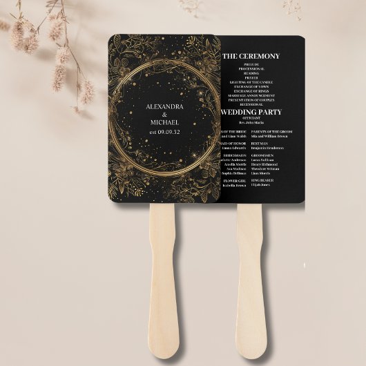 Mystical Celestial Black and Gold Wedding Fächer