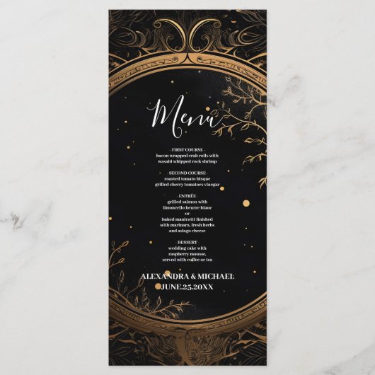 Mystical Celestial Black and Gold Wedding Menükarte (Vorderseite)