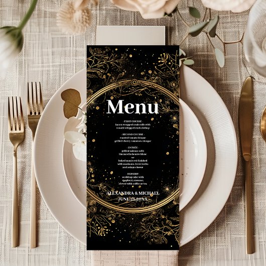 Mystical Celestial Black and Gold Wedding Menükarte