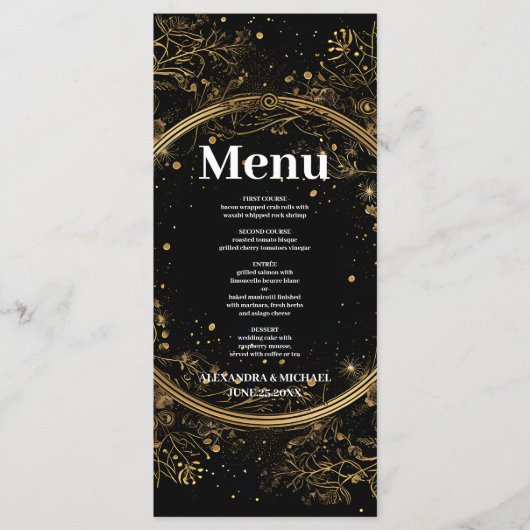 Mystical Celestial Black and Gold Wedding Menükarte (Vorderseite)
