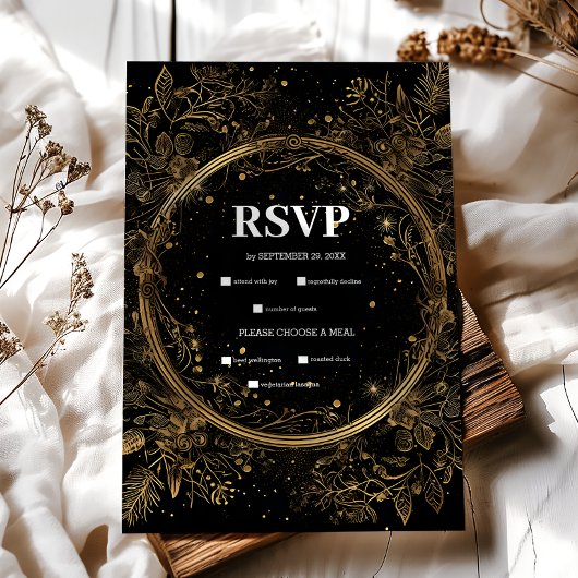 Mystical Celestial Black and Gold Wedding RSVP Karte
