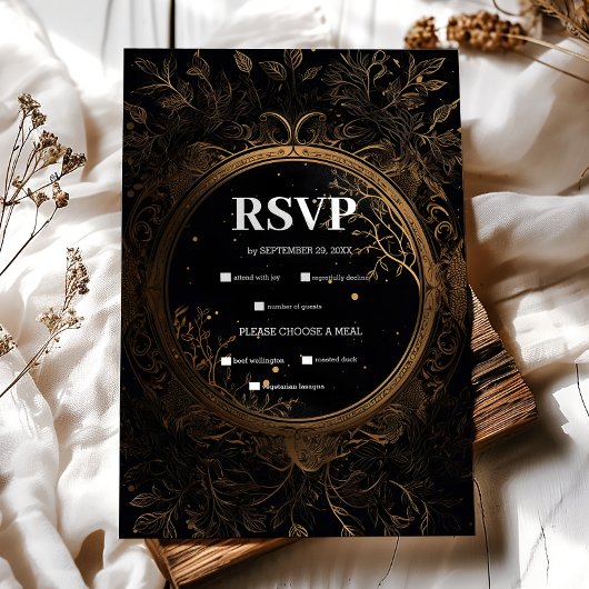 Mystical Celestial Black and Gold Wedding RSVP Karte