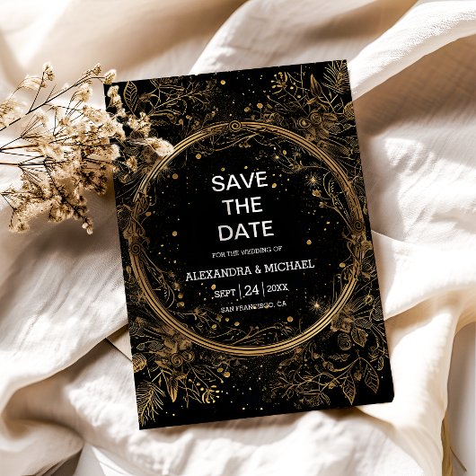 Mystical Celestial Black and Gold Wedding Save The Date